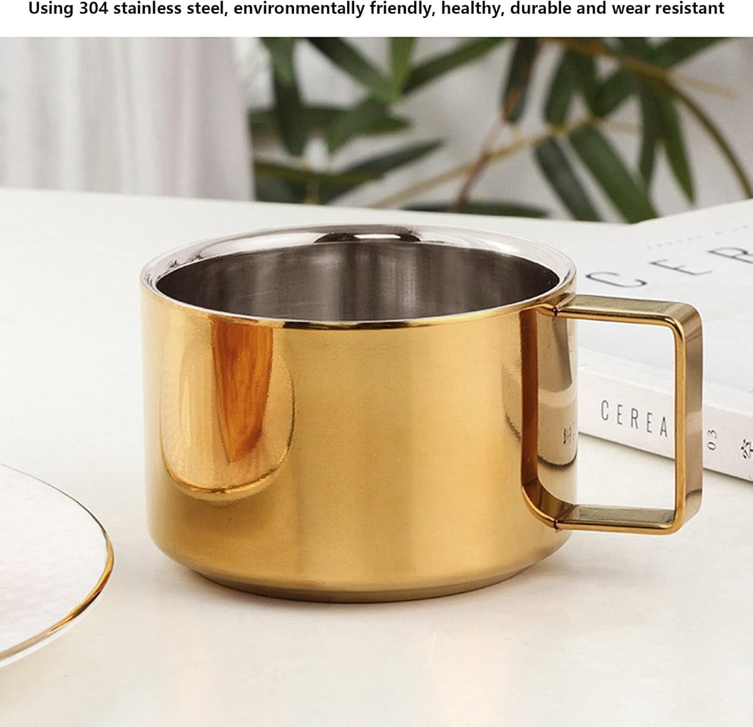 ABCISI 2Pcs Espresso Cups and Saucers Set, Coffee Cup and Saucer Set Coffee Mug Stainless Steel Demitasse Cups Exquisite Luxury Small Coffee Containers for Latte Cappuccino Tea, 200ML, Gold