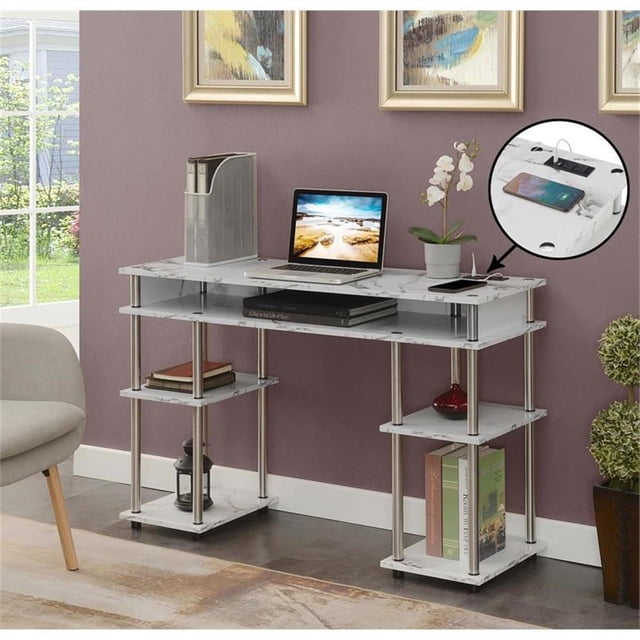 Designs2Go Bureau d'Étudiant Sans Outils avec Station de Chargement Bois en Faux Marbre Blanc