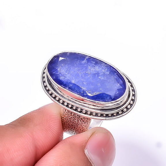 Blue Sapphire - Dyed Quartz Designer Handmade 925 Sterling Silver Ring S.9 R75
