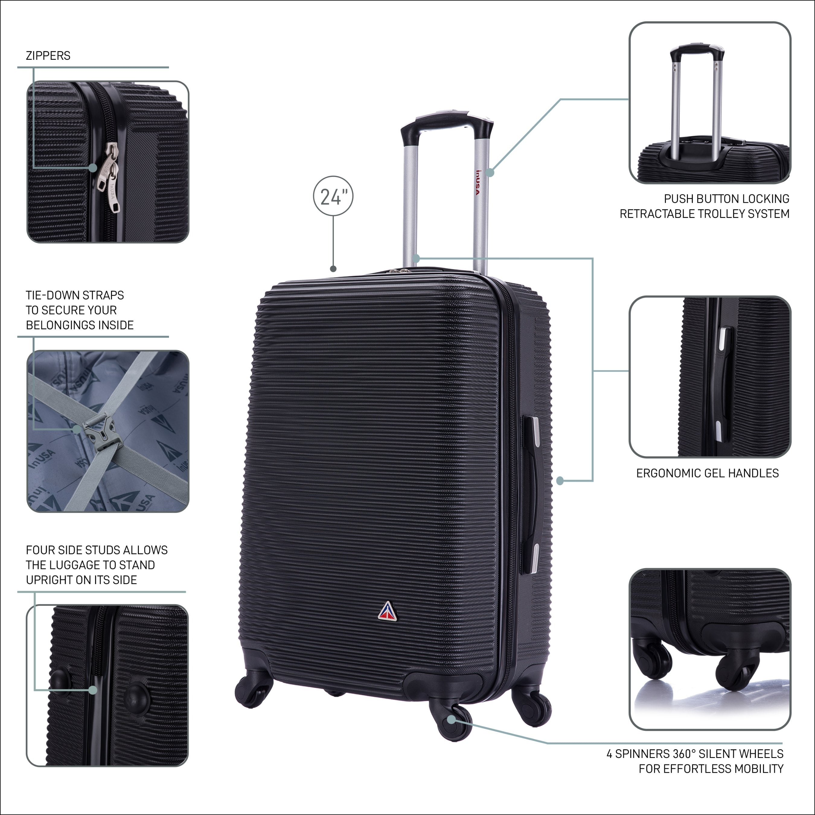 InUSA Royal 24" Hardside Lightweight Luggage with Spinner Wheels, Handle, and Trolley, Black