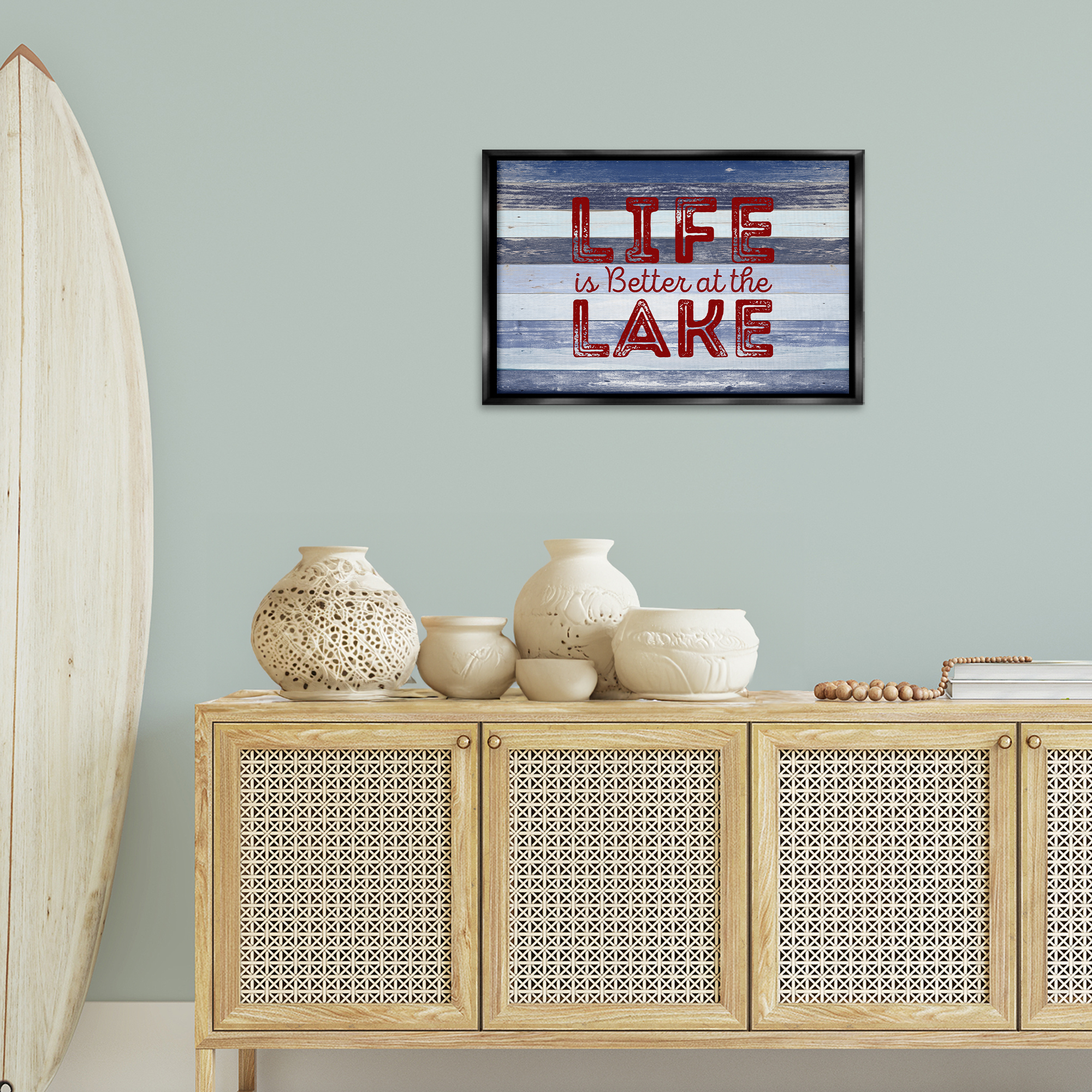 Stupell Industries Life At Lake Striped Coastal Painting Black Floater Framed Art Print Wall Art, 25 x 17