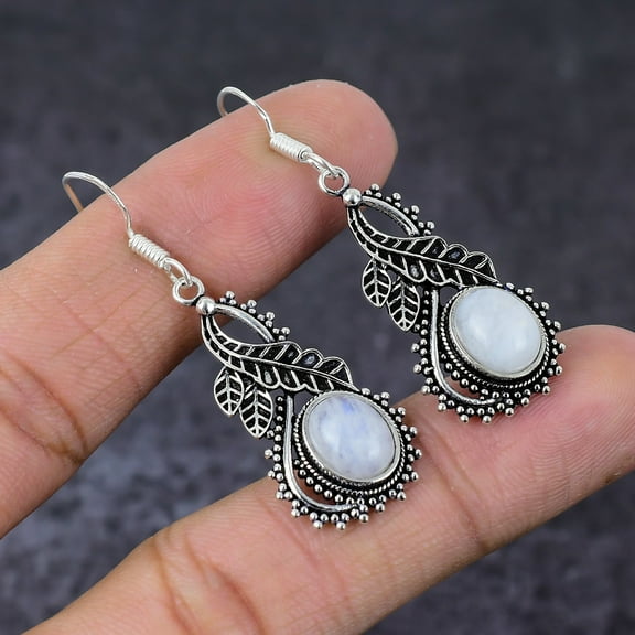 Natural Rainbow Moonstone Gemstone Handmade 925 Sterling Silver Earring 2"