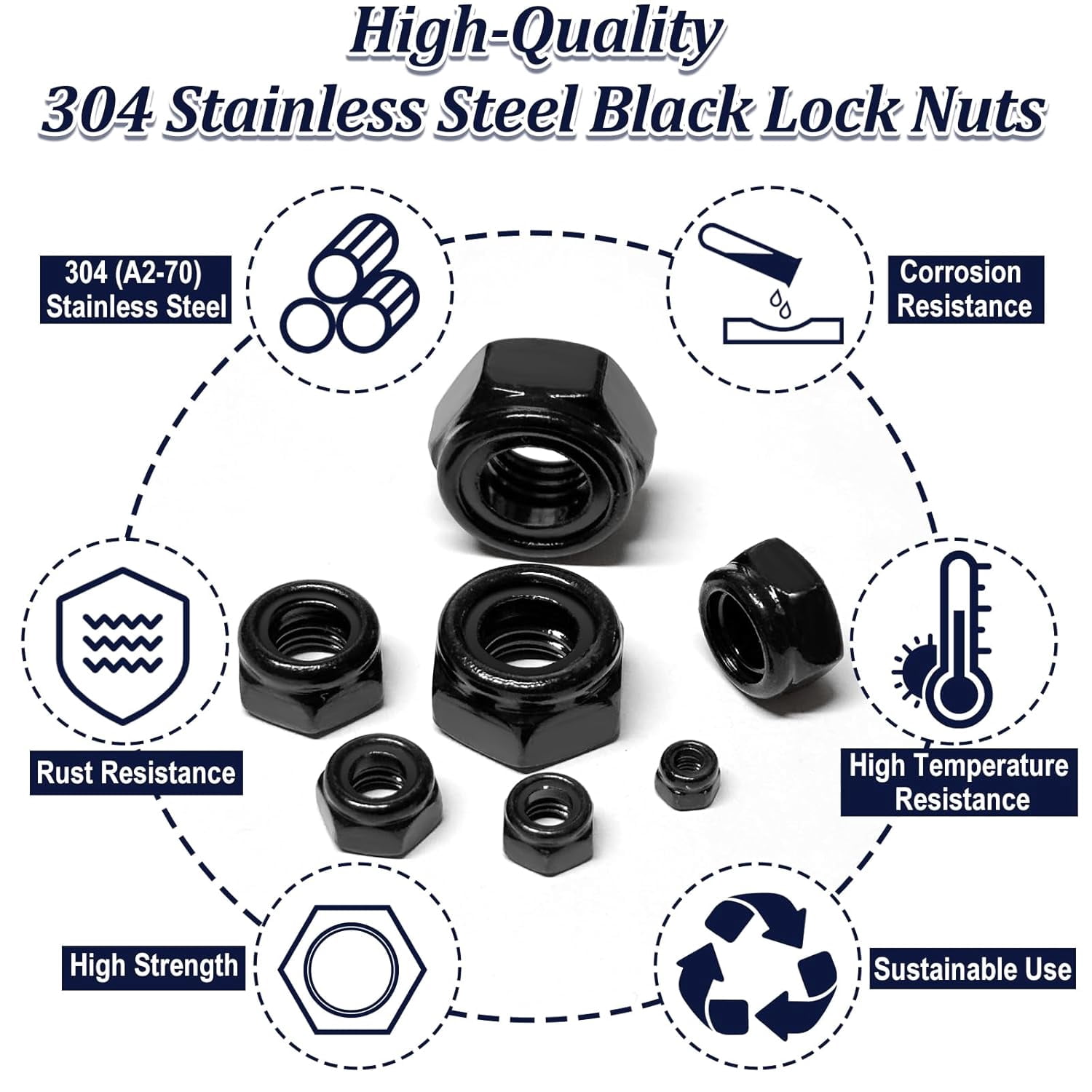 180 Pack Black Locknuts Assortment Kit, M3 M4 M5 M6 M8 M10 M12 Metric Black Nylon Insert Lock Nuts Set, 304 Stainless Steel Standard Threaded Nylock Nuts