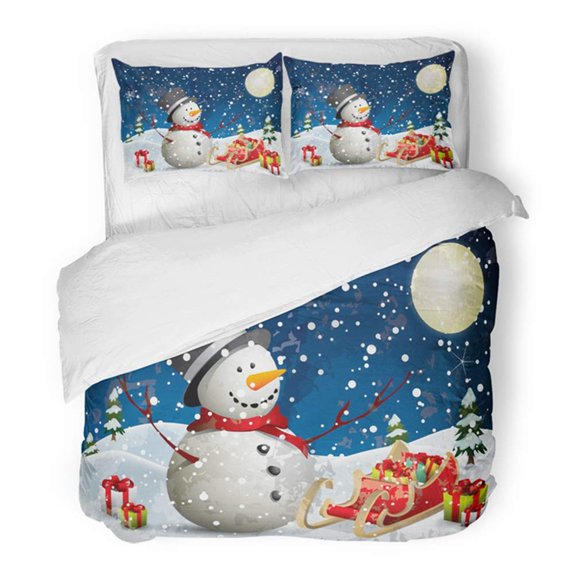 RYLABLUE 3 Piece Bedding Set Christmas Snowman with Village Berries Bow Box Celebration Christmas Tree Twin Size Duvet Cover with 2 Pillowcase for Home Bedding Room Decoration