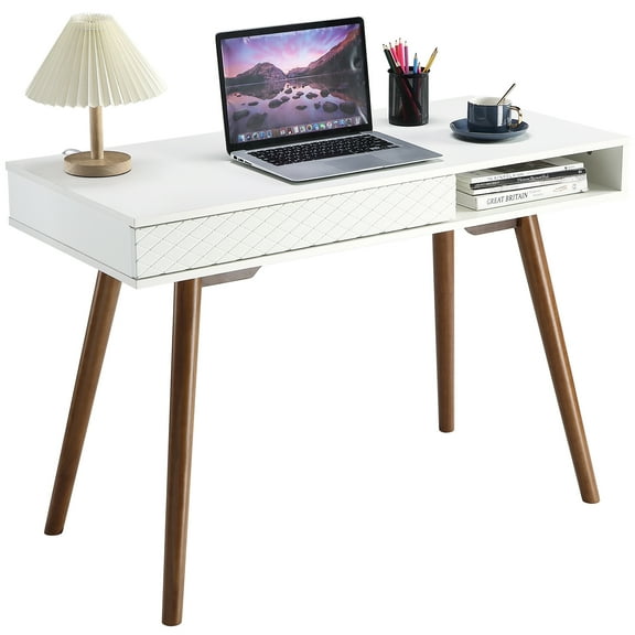 ChaoLink Modern Simple Home Office Desk, Mid Century Modern Computer Writing Desk with Drawer Solid Wood Legs and Open Storage Cubby, Small Vanity Table DeskWhite walnut