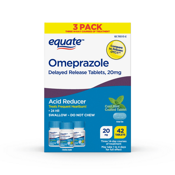 Equate Omeprazole, 20 mg Delayed Release Tablets, Cool Mint, 42 Count