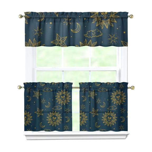 Kitchen Curtains 24 Inch Short - 3 Panel Set, Gothic Celestial Sun and Moon Print, Mystical Starry Night Astrology Aesthetic, Rod Pocket Window Curtain, Easy Wash