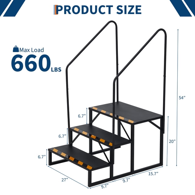 GloryStar Stable Heavy Duty RV Steps, Universal Stair Ladder with Handrail for Travel Trailers, Pools, and Trampolines