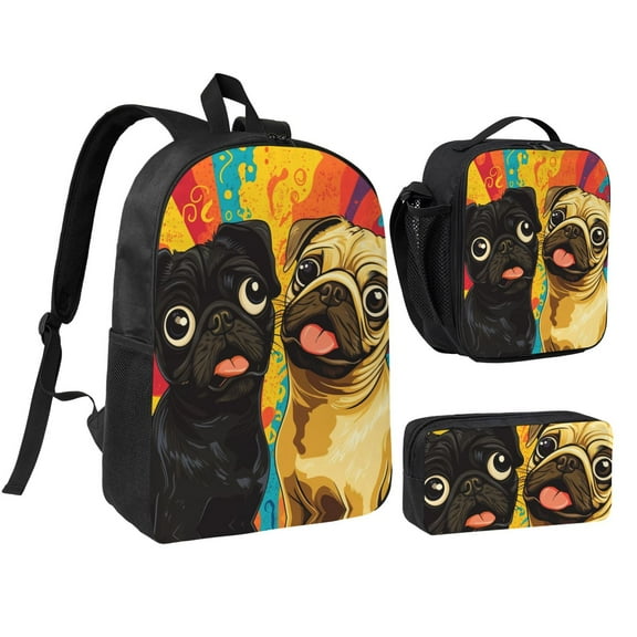 Cute Pug Dog Printed Backpack 17 Inch Set with Lunch Bag and CaseDurableTravel Bag Combo for Work Commuting Daily Use