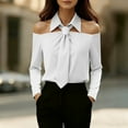 thumbnail image 4 of DAFPZW Women's Off the Shoulder Shirt with Tie Long Sleeve Button Down Blouse Elegant Office Solid Color Casual Basic Tops, 4 of 9