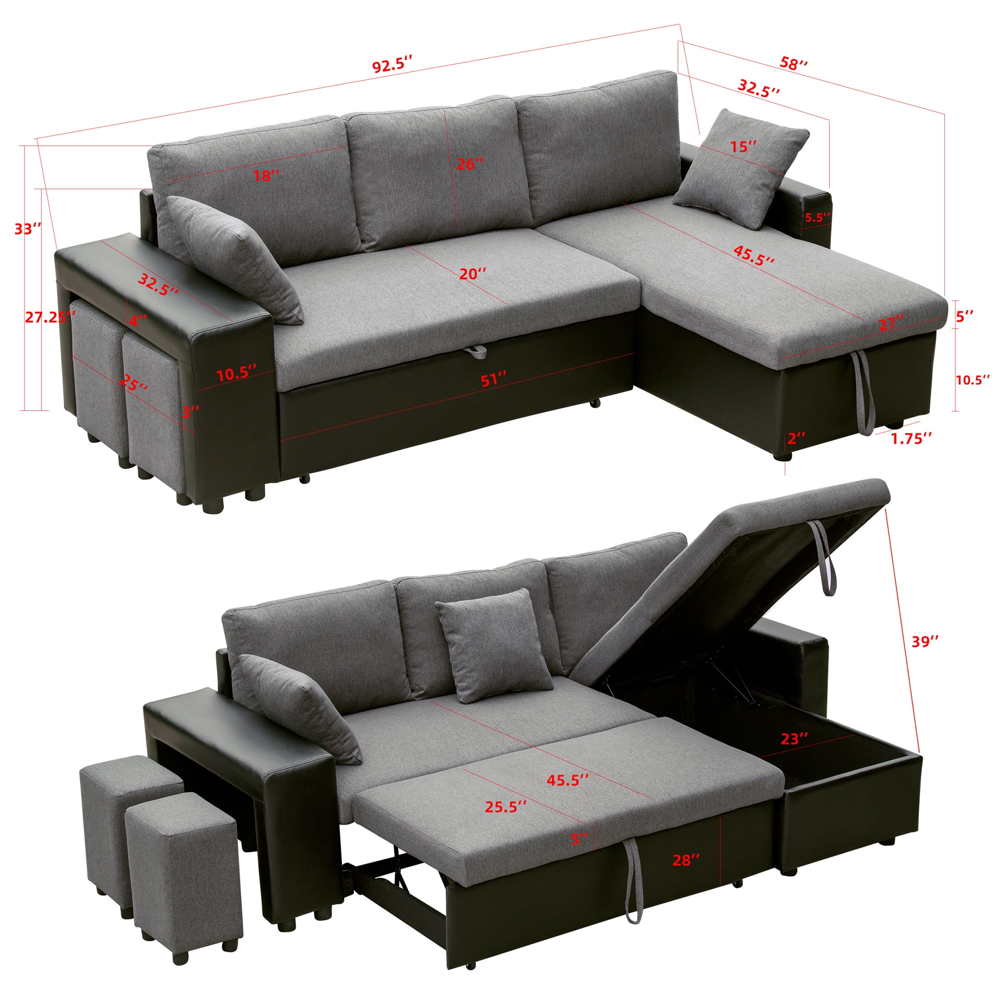 Aukfa 92.5" Reversible L-Shaped Sectional Sofa with Pull Out Sleeper Couch Bed, Storage Chaise and 2 Ottoman for Large Living Room - Dark Gray