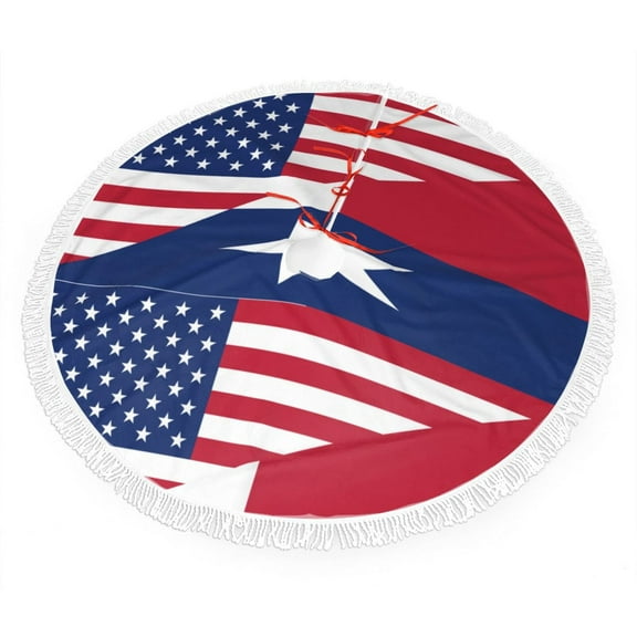 America Texas Flag Pattern Christmas Tree Skirt Tassel Lace for Xmas Ornaments Decoration 30"