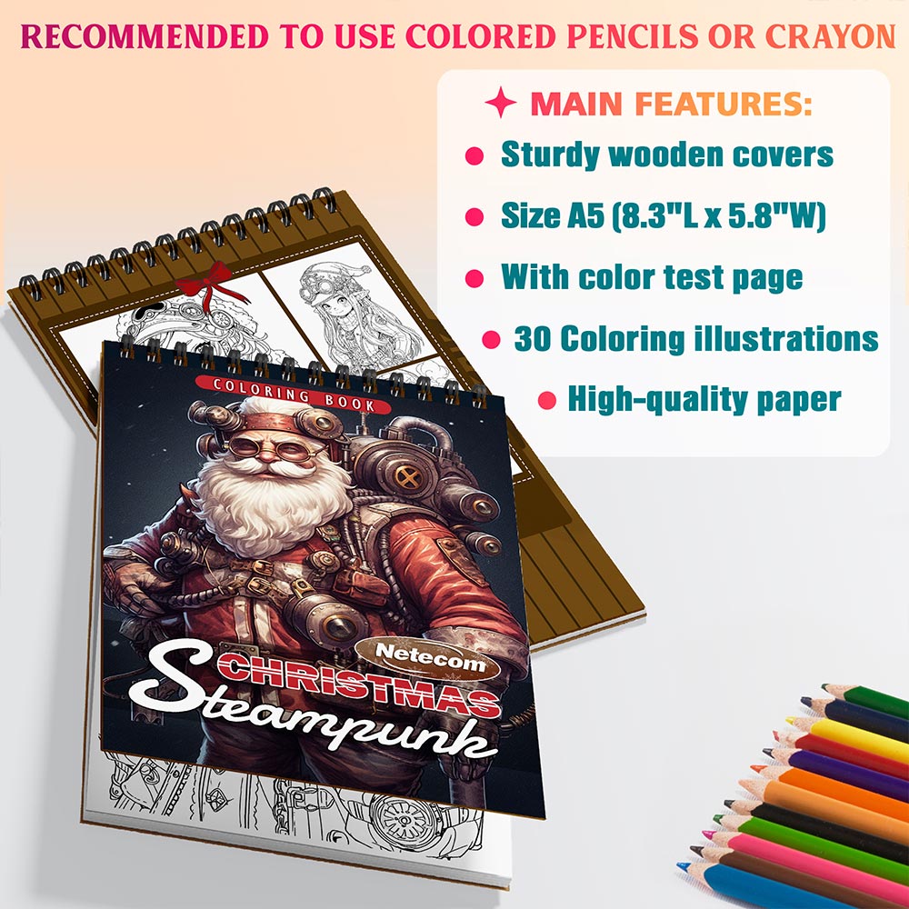 Netecom Steampunk Christmas Coloring Book Spiral Bound for Adults, A5 Wooden Cover, 30 Imaginative Coloring Pages of Vintage-Futuristic Santa Claus for Stress Relief and Relaxation