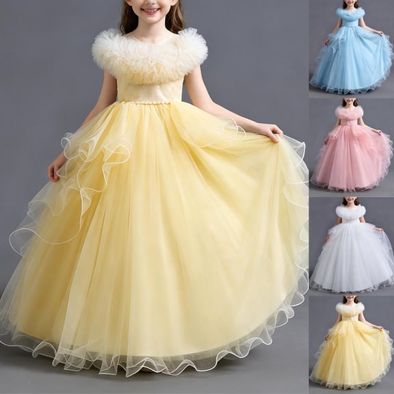 Girls Maxi Dress Sleeveless Crew Neck Faux Fur Collar Puff Dresses Pageant Party Formal Princess Gown (13-14 Years, Yellow)