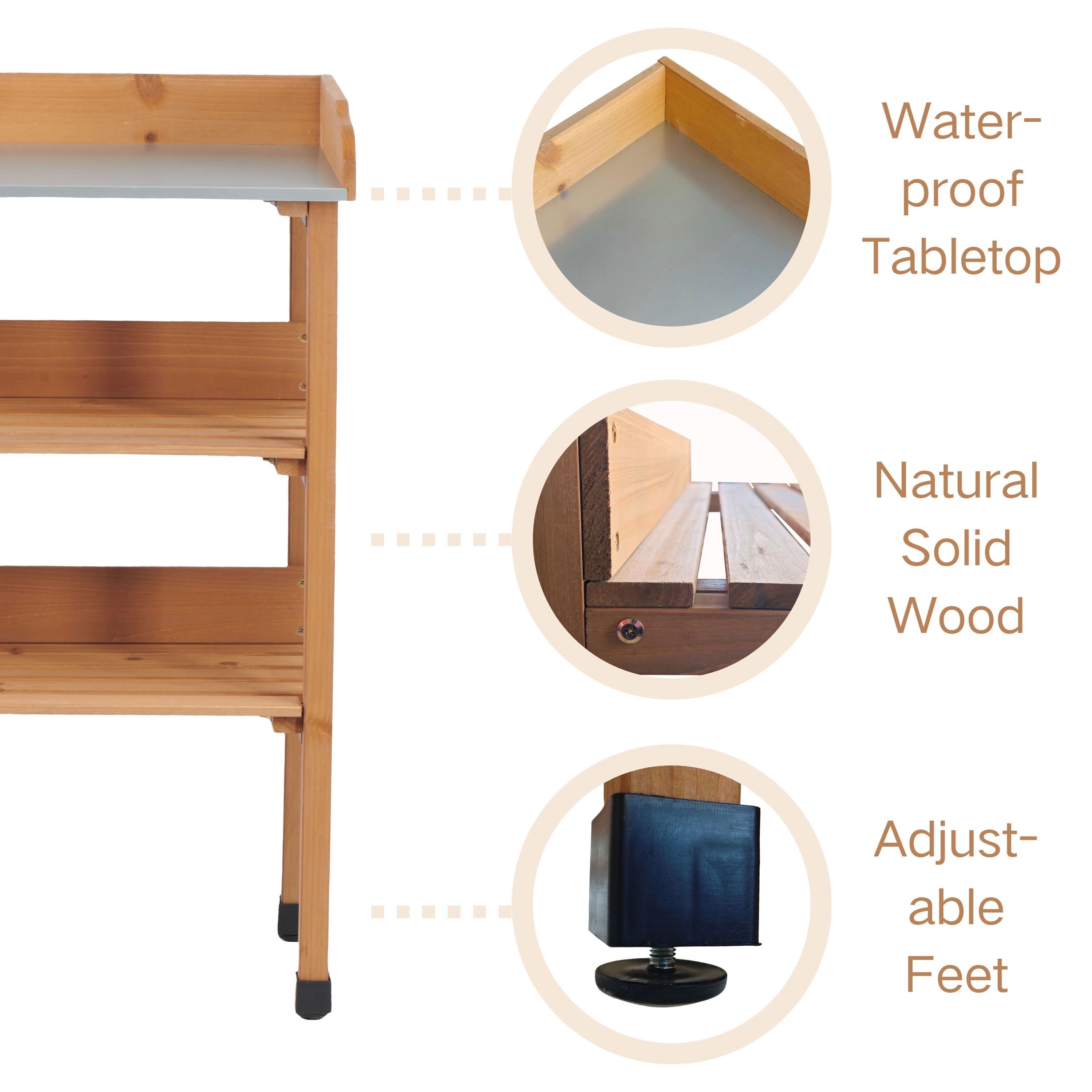 MAYEERTY 3-Tier Garden Potting Table, Outdoor Workstation with Metal Tabletop, Built-In Hooks for Patio, Garage, Workshop