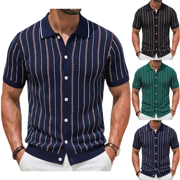 Bxsruta Men's Striped Knit Polo Shirt Short Sleeve Button Down Breathable Casual Summer Top