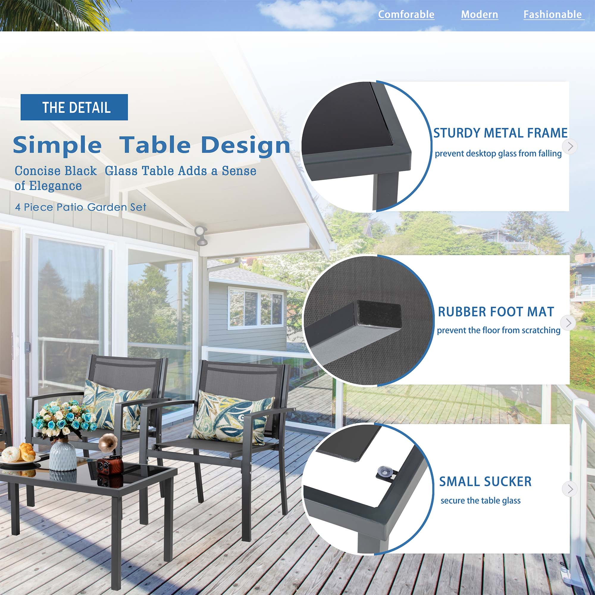 Walsunny 4 Pieces Outdoor Furniture Set All Weather Patio Textilene Steel Conversation Set, Patio Furniture Set Bistro Set with Loveseat ea Table for Lawn and Balcony, Gray