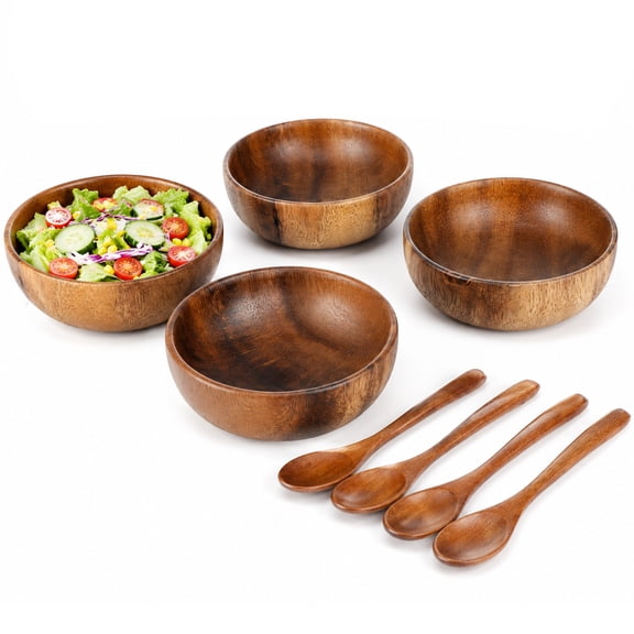 4 Pcs Rustic Wood Bowls with 4 Spoons, Acacia Wooden Bowls for Food, 3.9 in Mini Bowl for Serving Salad, Dessert, Snacks, Elegant Kitchen Decor, Housewarming Gifts