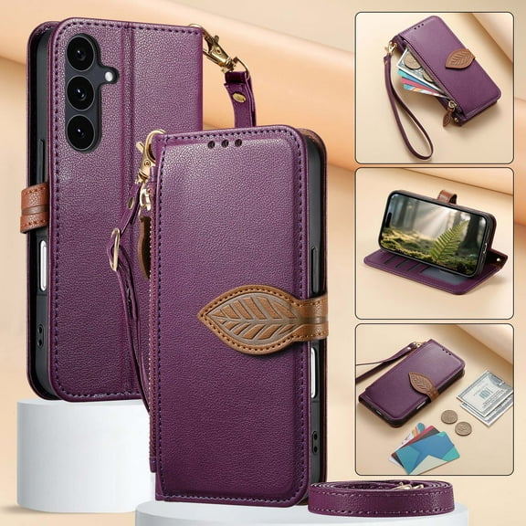 For Samsung Galaxy S24 Wallet Phone Case,PU Leather Flip Fold Kickstand,With Wrist Strap Shoulder Strap,Card Holder,Zipper Pocket,Leaf Design Magnetic Closure Shockproof Durable Case,Purple