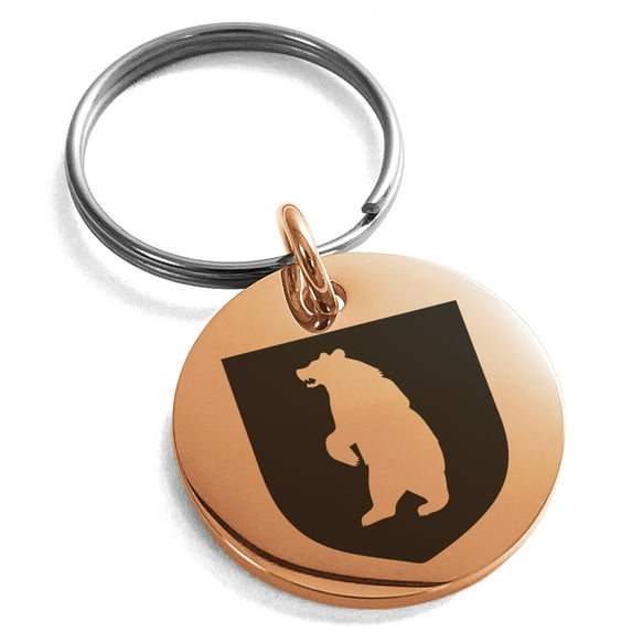 Stainless Steel Bear Ferocity Coat of Arms Shield Engraved Small Medallion Circle Charm Keychain Keyring
