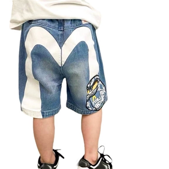 BOOMNY Toddler Boys Denim Shorts Wide Leg Short Jeans for Boys Casual Graphic Elastic Waist Streetwear Cozy Denim Shorts for Children