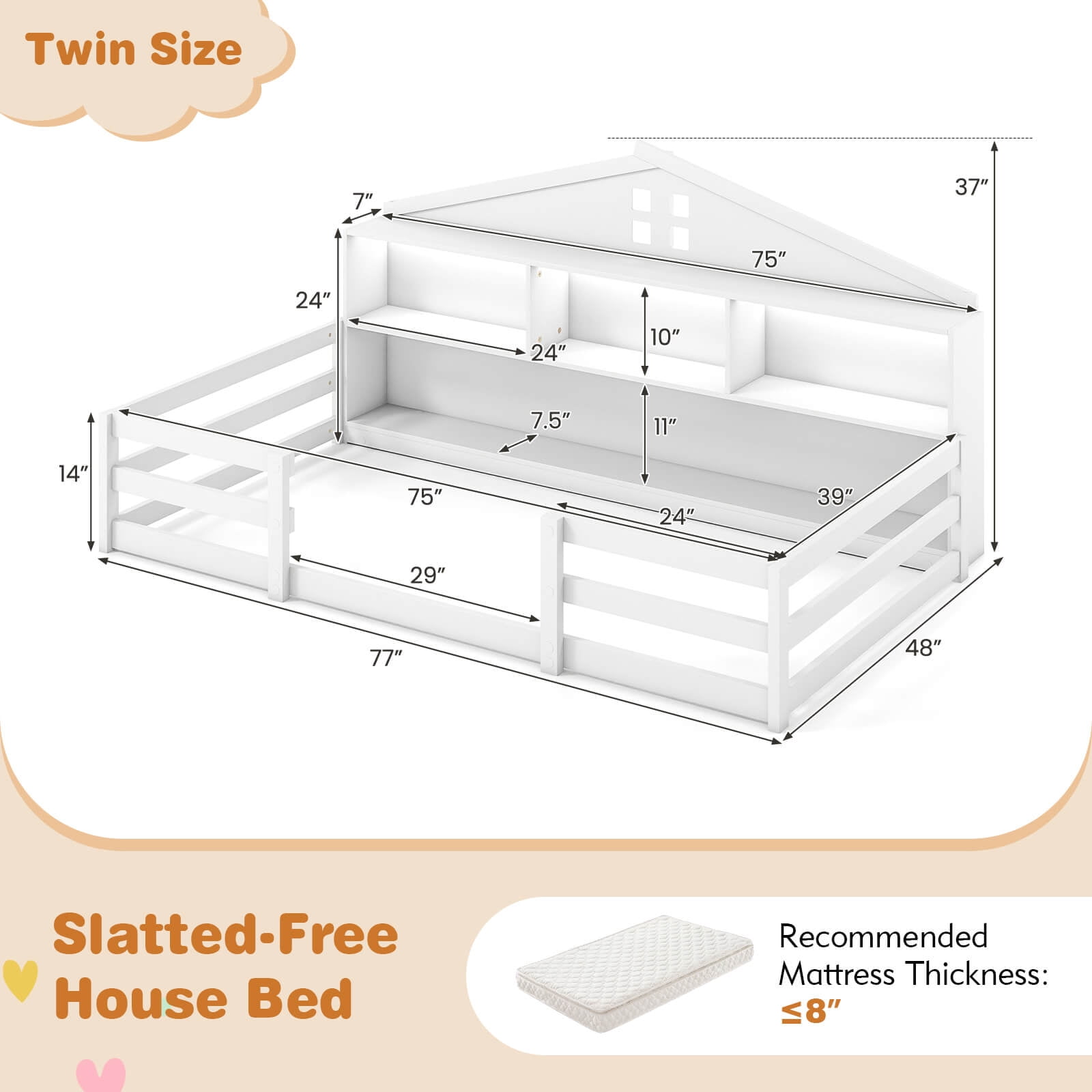 Costway Twin Size Montessori Floor Bed with LED Lights Safety Guardrails Compartments Shelf White
