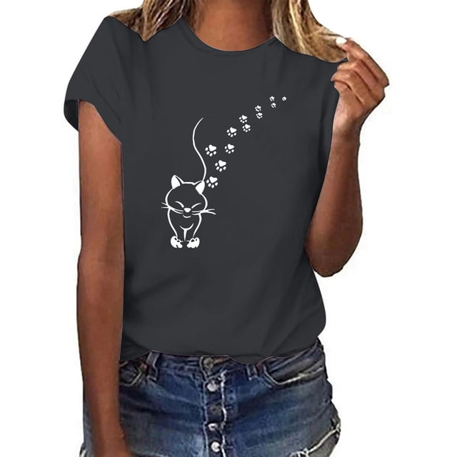 Fartey T-Shirts Graphiques Mignons pour Femmes Tendance Été Manches Courtes Col Rond Blouses Décontractées Amples T-Shirts Quotidiens Doux Confortables Hauts d'Entraînement 2025 Gris Foncé P-3TG