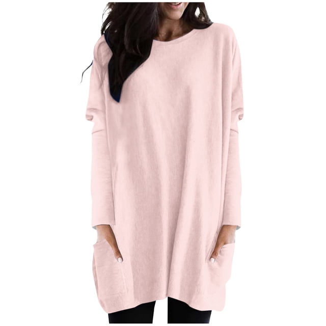AherBiu Hauts pour Femmes Tendance Manches Longues Chemises Fluides Automne Pull Col Rond Ample avec Poches