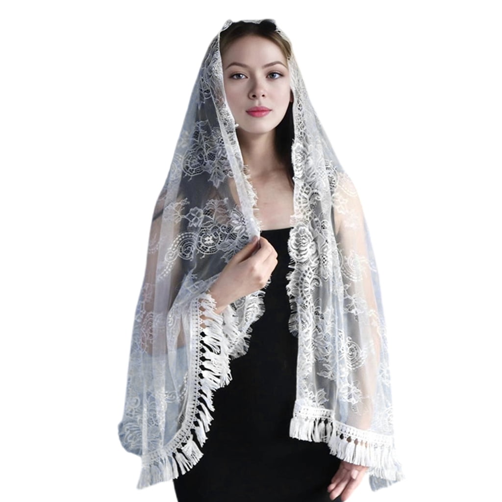 Lace Triangle Veil with Sacred Heart Camellia Embroidery for Church Wedding Triangle Mantilla Veil: Sacred Heart Embroidery, Camellias  main image 2