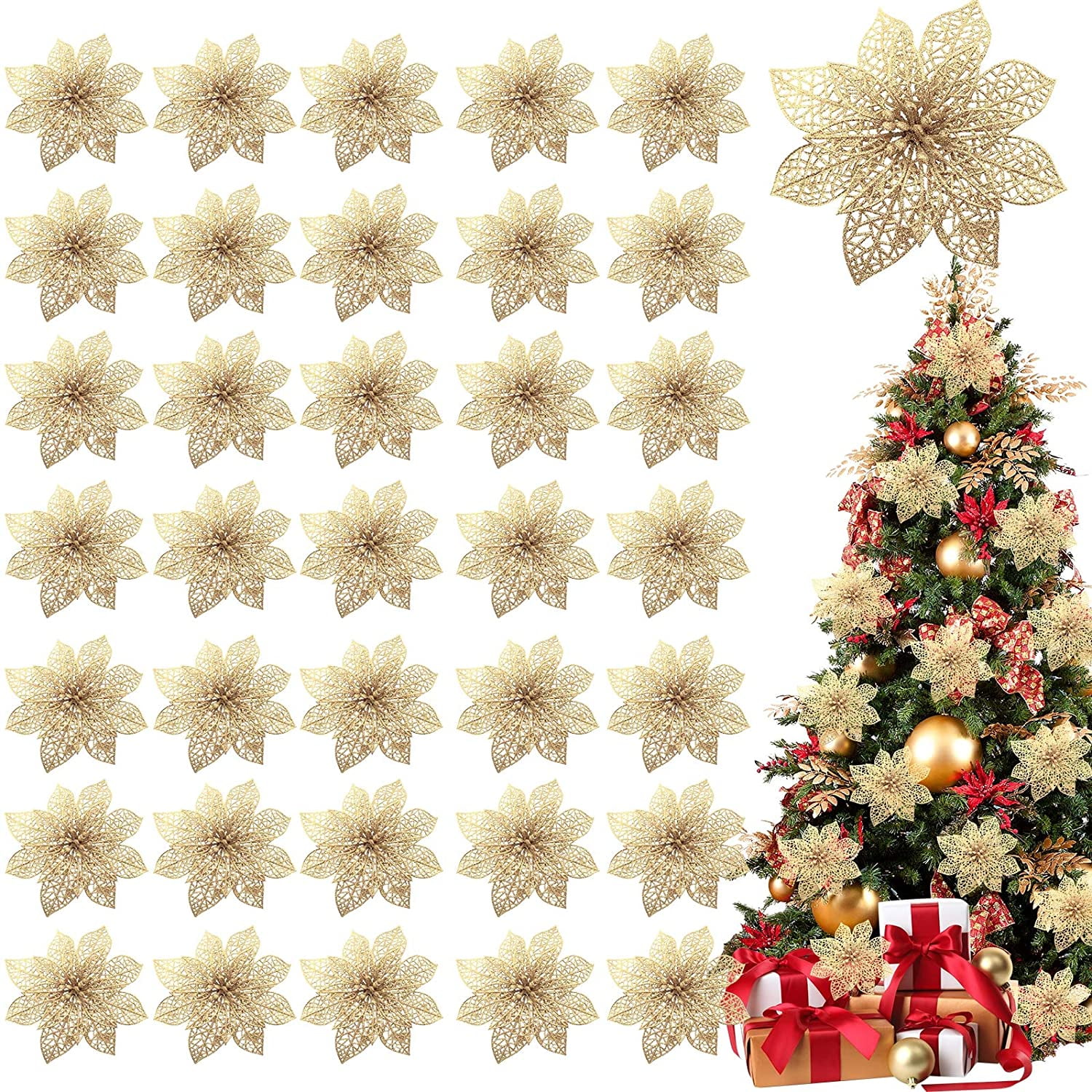 Zecatl 36 Pack Christmas Flowers Decorations Glitter Poinsettia Christmas Tree Ornaments 4 Artificial Silk Flowers Picks For Christmas Wreaths Garland Holiday Decoration Gold Walmart Canada