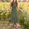 thumbnail image 4 of Vestido midi informal de verano con mangas acampanadas y fruncido para mujer - Cuello redondo, cintura elástica, falda escalonada - S-XL, 4 of 8