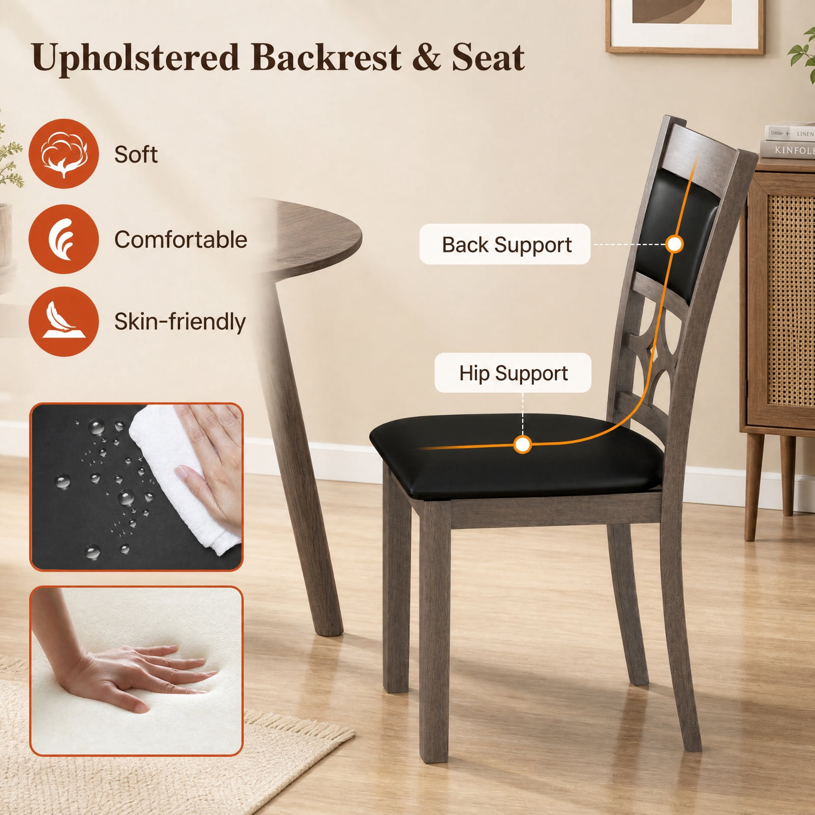 Furnibear Upholstered Dining Chairs Set of 2 with Padded Backrest and Rubber Wood Frame for Kitchen and Dining Room, Gray