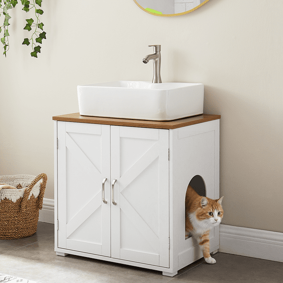 Unipaws Cat Litter Box Enclosure & Bathroom Sink Cabinet, Waterproof Wooden Sink Storage with Cat Door, Hidden Litter Box