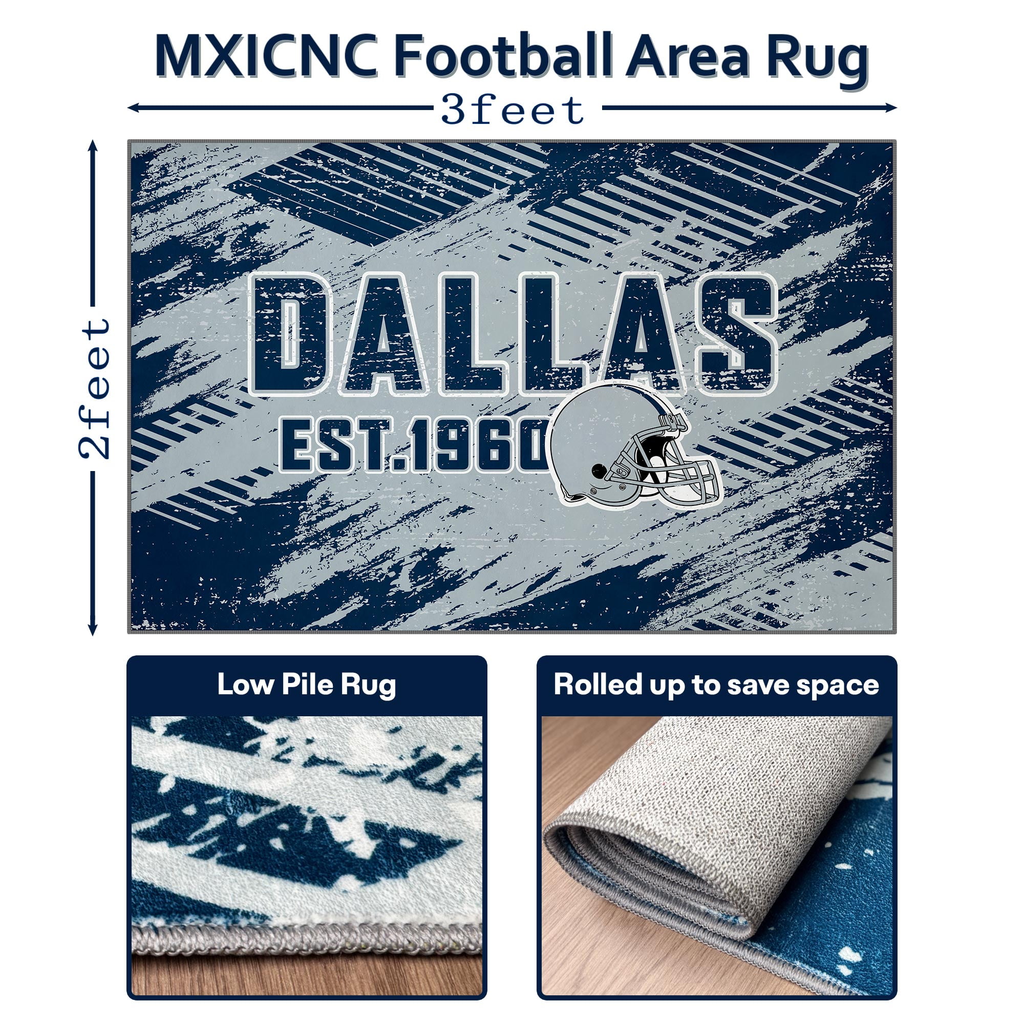 Dallas Football Rugs 2x3 Bedroom Living Room Football Carpet Non-Slip Machine Washable Area Rug for Boys and Man Cave Decor