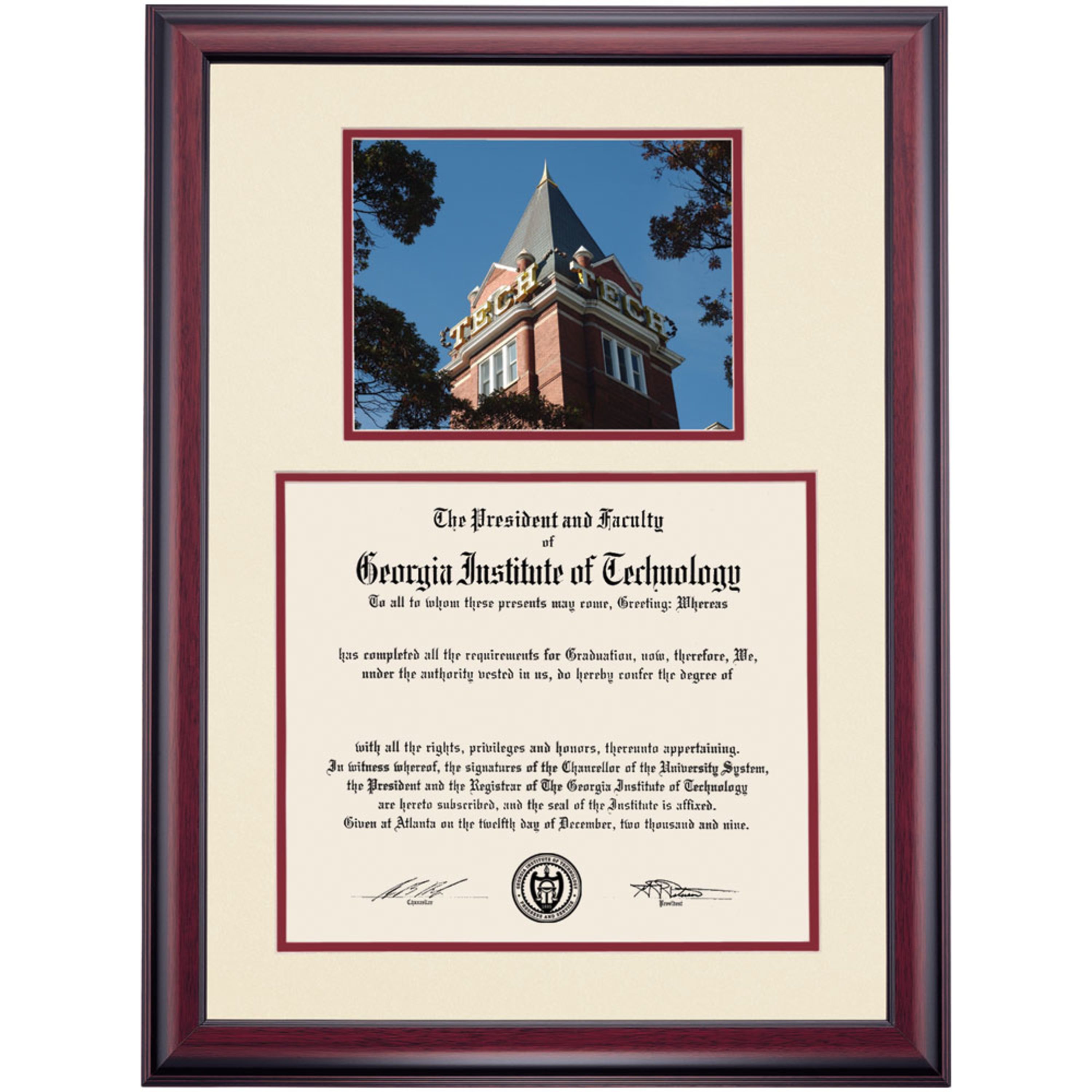 OCM Diploma Frame for Tech, Ivory/Maroon Mat with Tech Tower