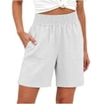 thumbnail image 2 of Shorts Casual de Mujer de Cintura Alta - Bermudas Rectas de Moda Elásticas con Cintura Fruncida y Bolsillos, Blanco, L, 2 of 6