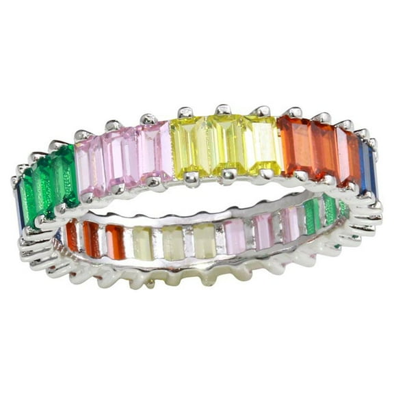 Multicolor Baguette Cubic Zirconia Eternity Ring Rhodium Plated Sterling Silver Size 7