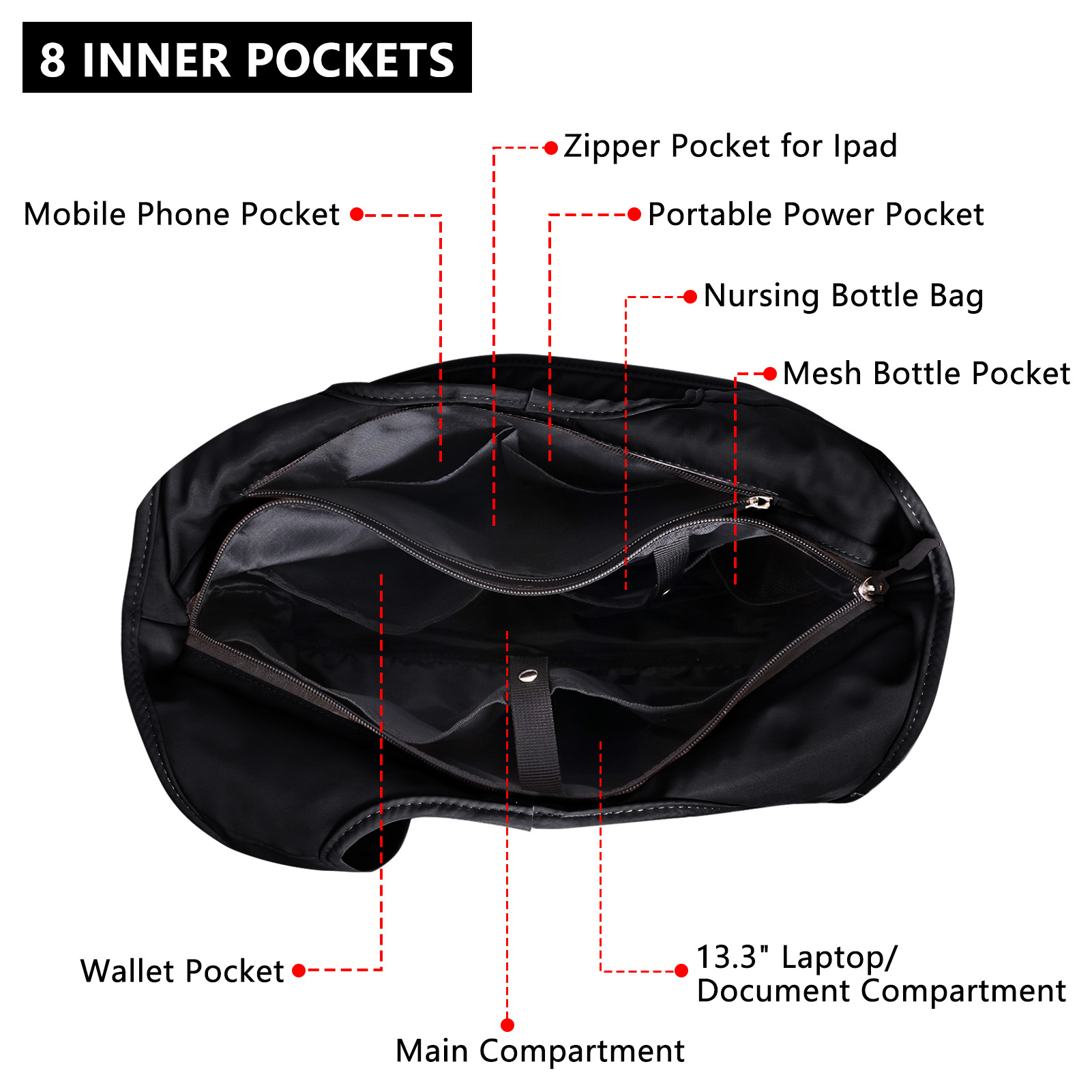 HAWEE Utility Shoulder Bag for Women Black Tote Purse with Wet Umbrella Pocket and Water Bottle Pocket Fits 13.3” Laptop