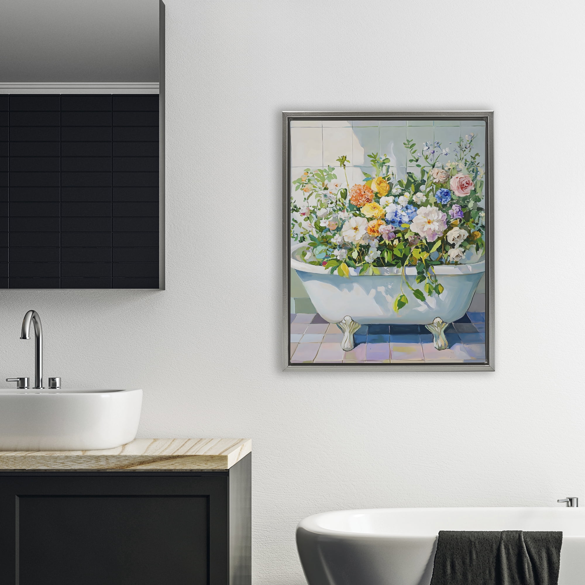 Stupell Industries Vintage Bathtub Bouquet Overgrowth Gray Framed Floater Canvas Wall Art, design by The Prints Vibe