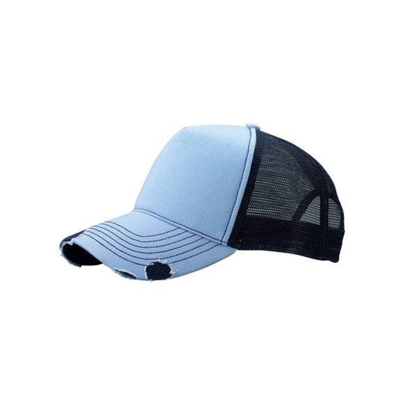 Cotton Twill Distressed Mesh Trucker Hat, Blue/Navy