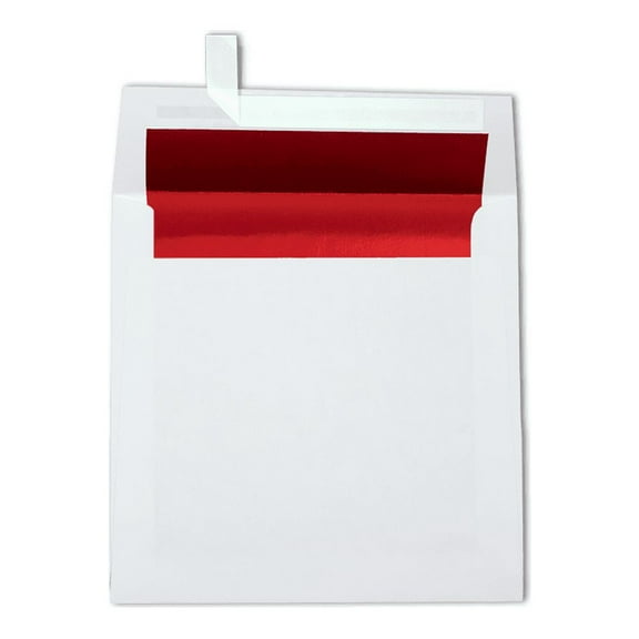 LUXPaper 6 1/2 x 6 1/2 Foil Lined Square Envelopes w/Peel & Press, White w/Red LUX Lining, 50/Pack