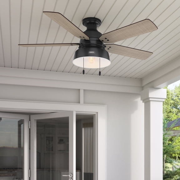 Hunter 52 inch Outdoor or Indoor Ceiling Fan with LED Light - Rustic Ceiling Fan with Pull Chain, For Bedroom, Living Room, or Patio, Low Profile Mount, No Remote - Mill Valley 59310, Matte Black