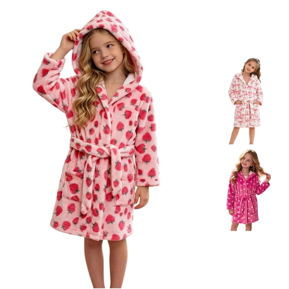 LIIPEE Girls Hooded Sleepwear Robes Cartoon Graphic Long Sleeve Warm Bathrobes Kids Everyday Homewear 2-10 Years