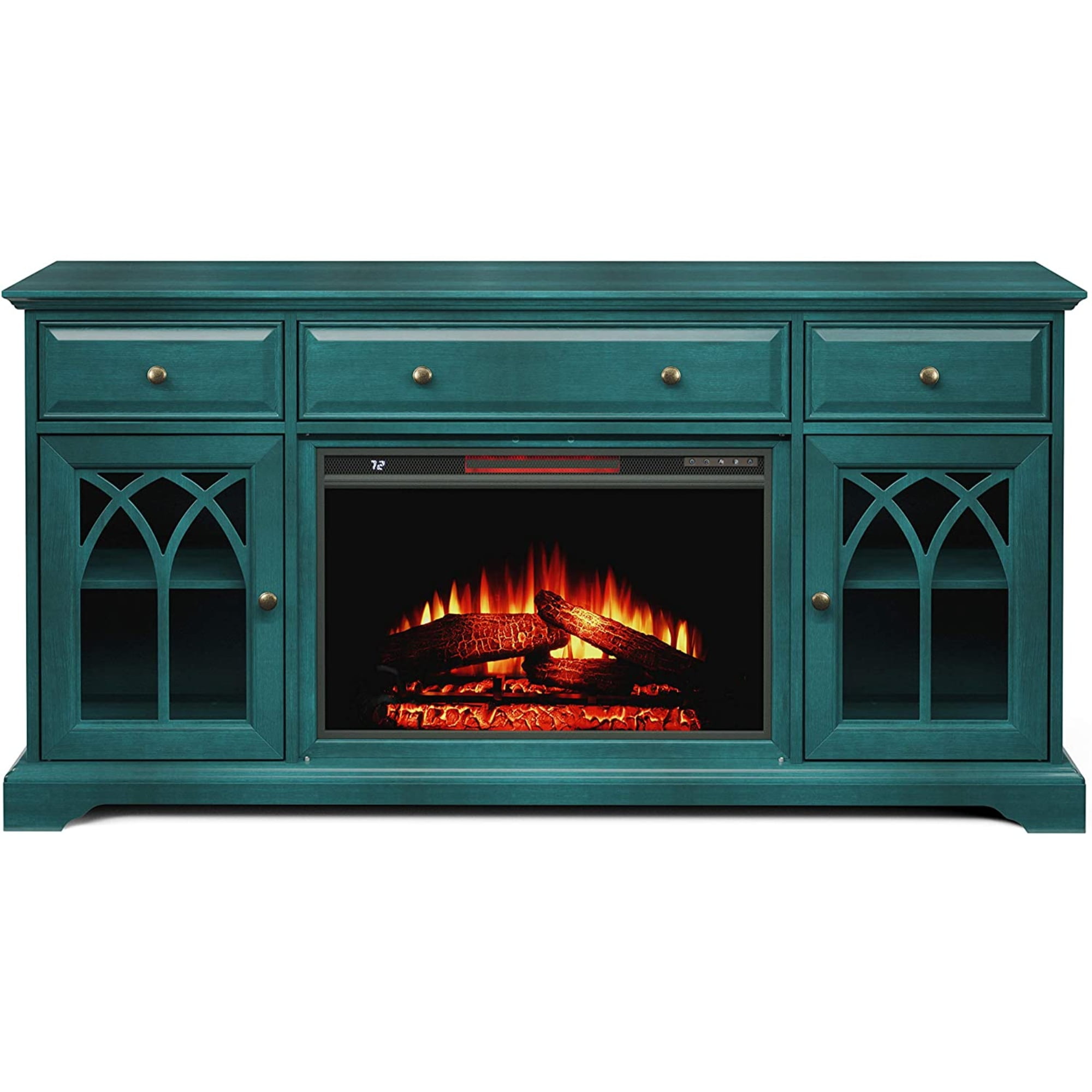 Teal tv online stand with fireplace