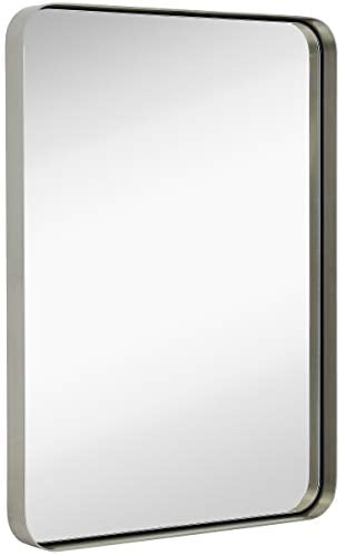 Hamilton Hills Contemporary Brushed Metal Wall Mirror Glass Panel Silver Framed Rounded Corner Deep Set Design Mirrored Rectangle Hangs Horizontal Or Vertical 22 X 30 Com Hamilton Hills Contemporary Brushed, Hamilton Hills Contemporary Brushed Metal Tall Black Wall Mirror