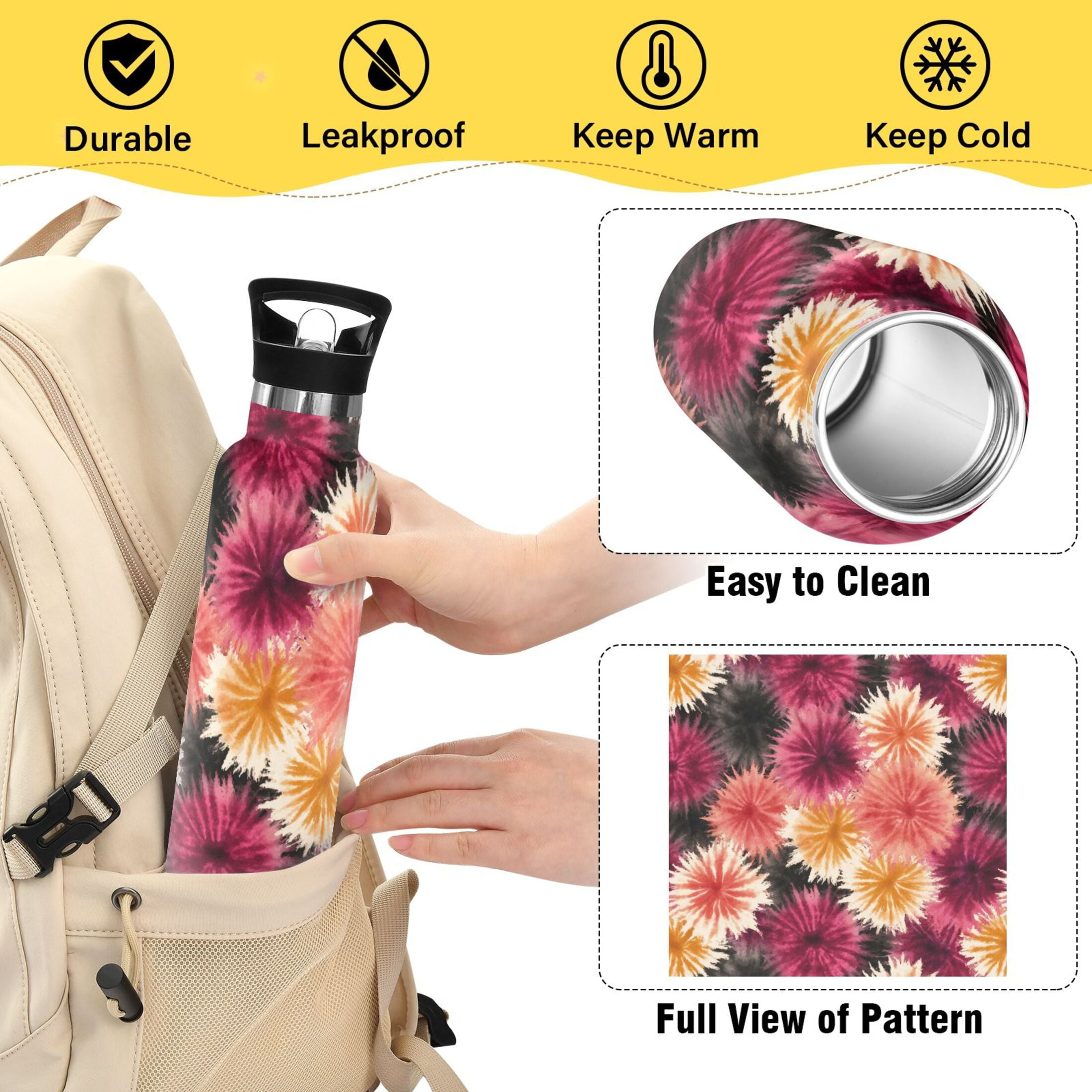 600ML Stainless Steel Insulated Cup Sports Water Bottle Portable Thermos Cup Water Glasses Insulated Tumblers Convenient and Durable Red Tie-dye