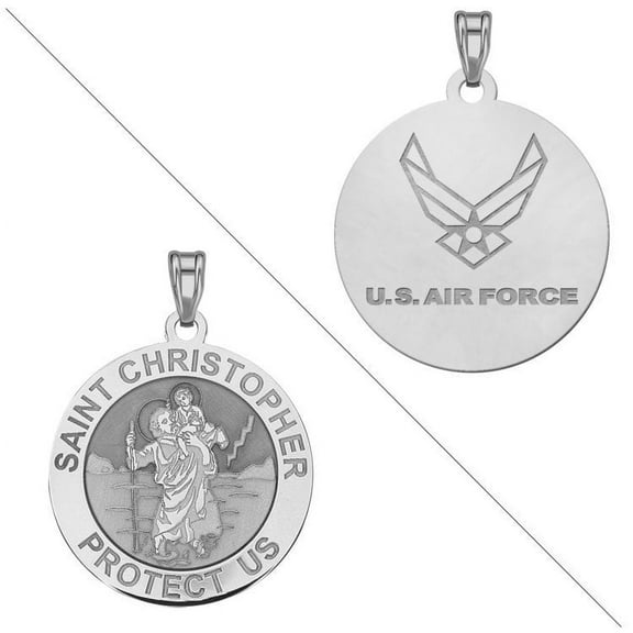 Saint Christopher Doubledside AIR FORCE Religious Medal - 1 Inch Size of a Quarter - Sterling Silver