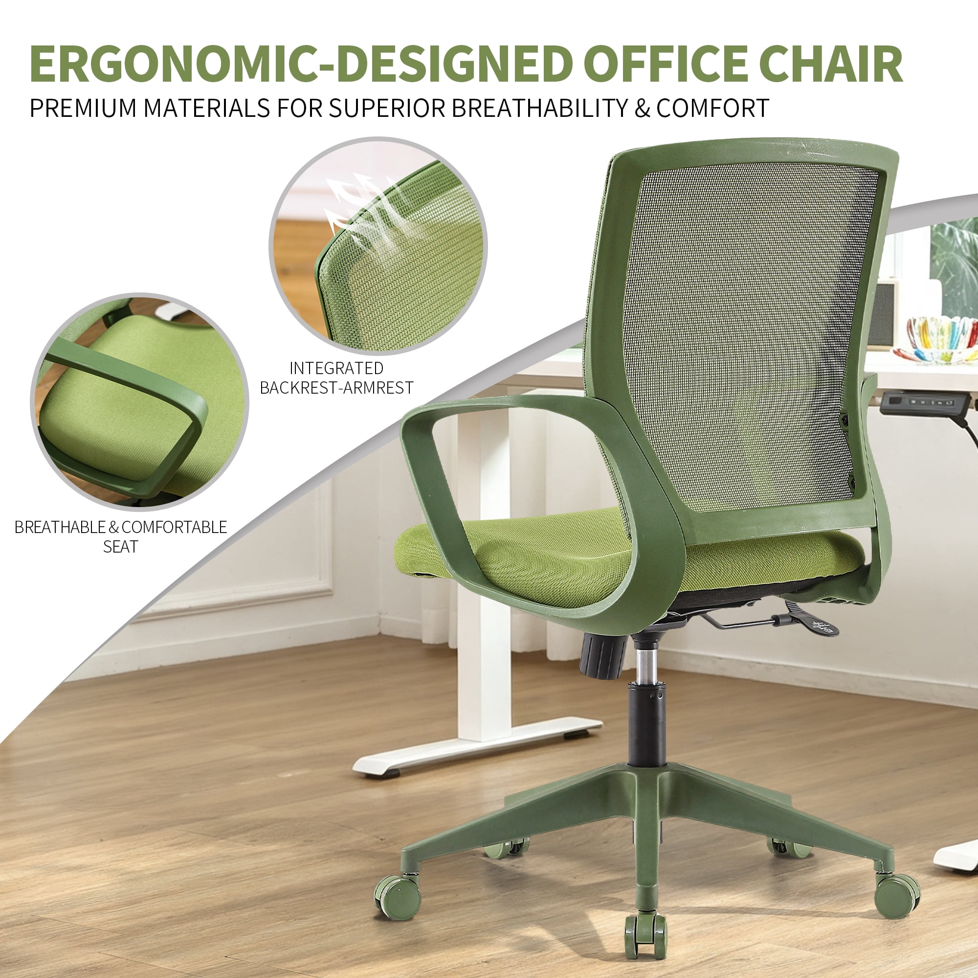 Colorful Office Task Chair 350LBS, Home Office, Mesh Back,Comfortable Sitting, Fixed Armrest, Swivel, Height Adjustable Chair (Green)