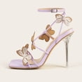thumbnail image 4 of Sandalias de tacón con correa en el tobillo para mujer, puntera abierta con mariposa, tacones altos ajustables elegantes con tiras, color morado, 4 of 8