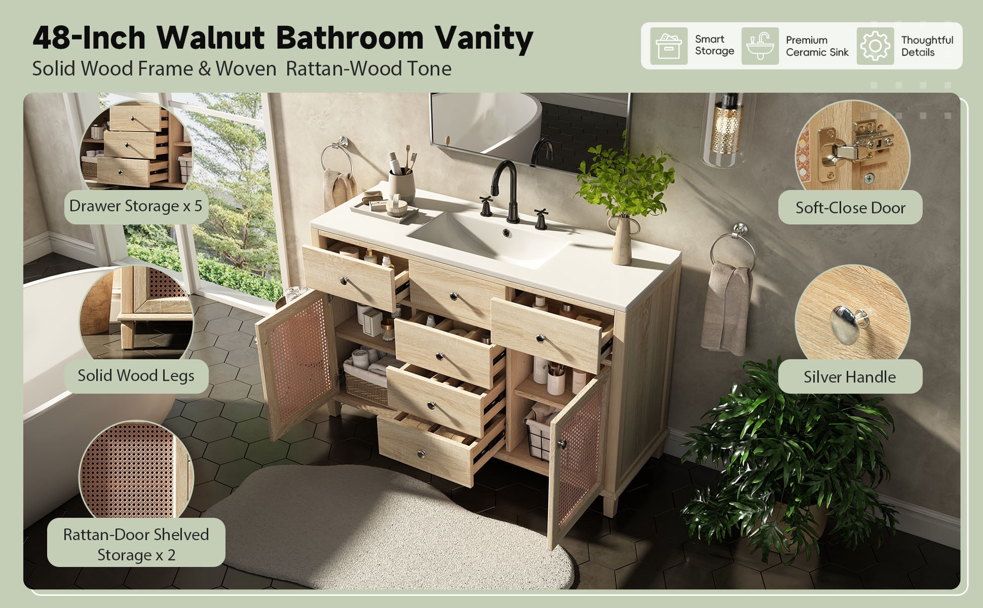 Mintazer 48 Inch Rattan Bathroom Vanity, Coastal Boho Single Sink Bath Cabinet with 5 Drawers & Soft Close Rattan Doors, Natural